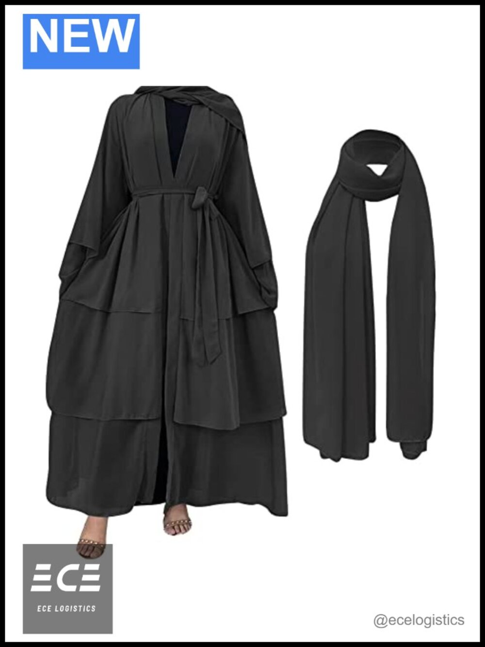 Chiffon Open Front Abaya Maxi Dress with Hijab Scarf Modest Cardigan